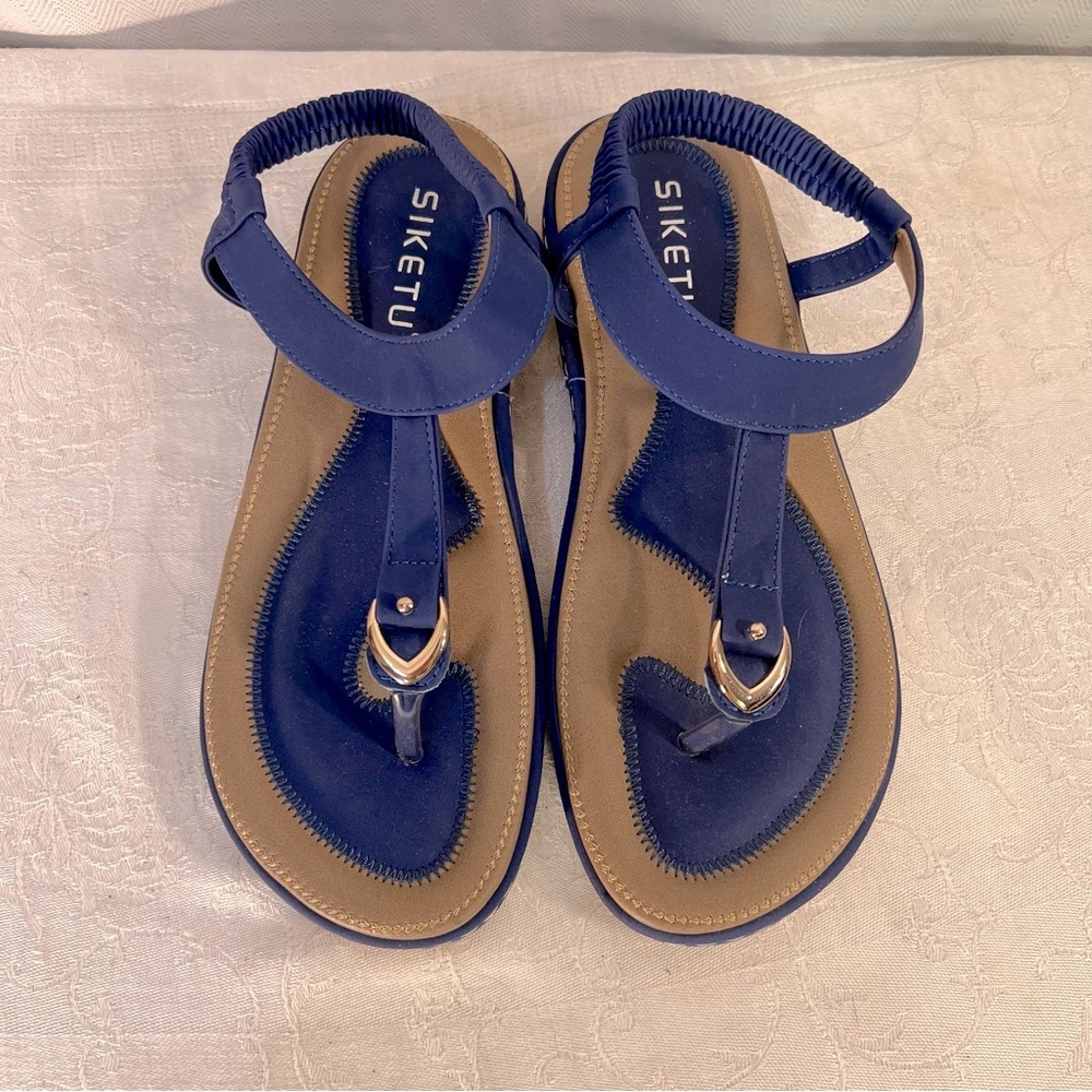 Siketu Blue Sandals Elastic Slip On Thong Cushioned Gold Buckle Size 39 US